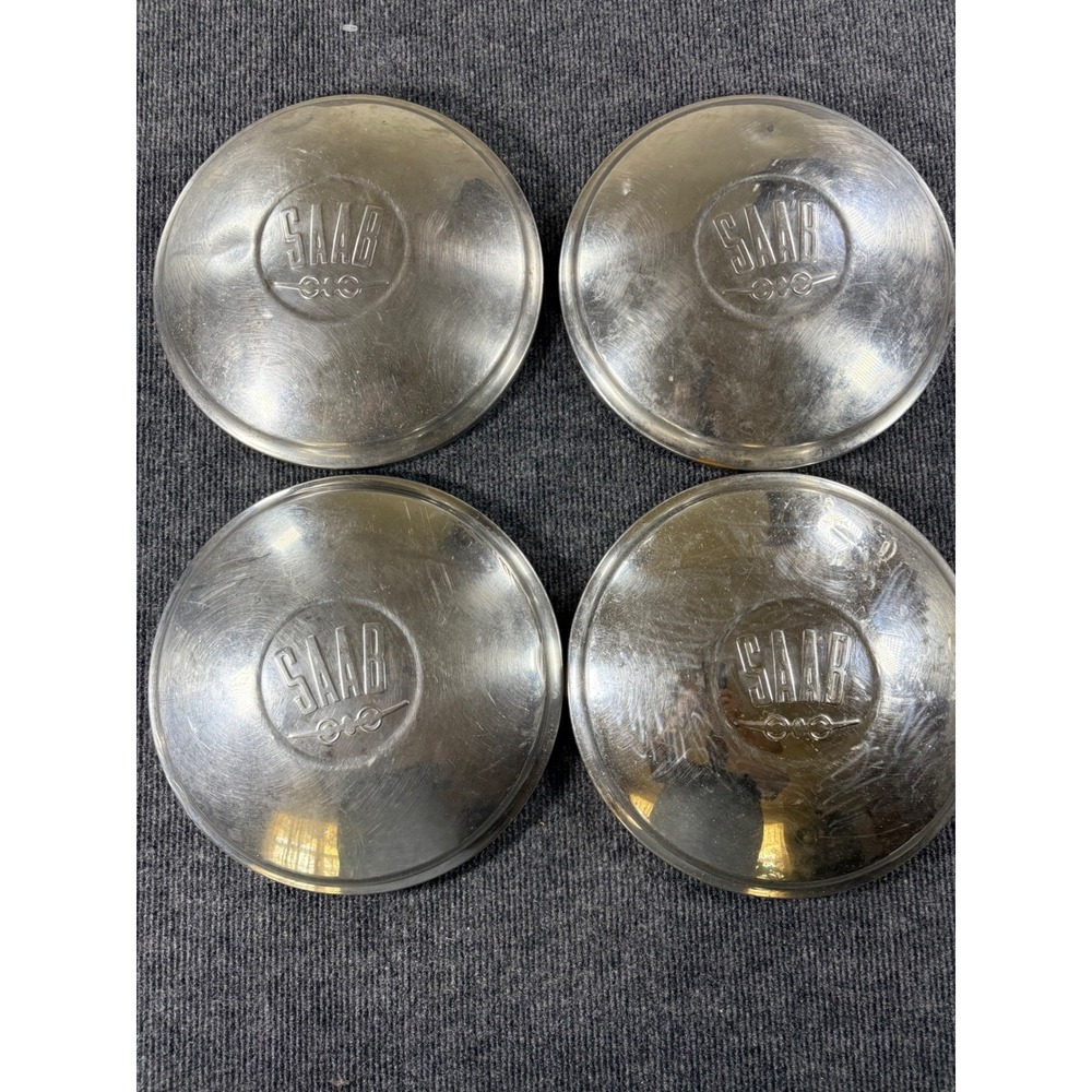 Vintage Saab Metal Hubcaps‎ Set of 4 Embossed Wing Logo 10.25 Inch Silver Tone